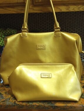 Lipault Paris Metallic Gold Tote with Matching Cosmetic Pouch